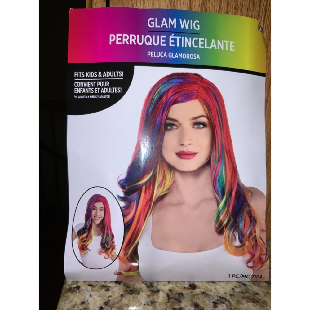 Glam Wig 24" multicolor‎ RAINBOW long wavy wig with bangs Halloween Costume